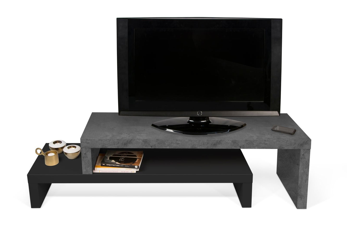 TV Stand - Concrete Melamine/Black Lacque